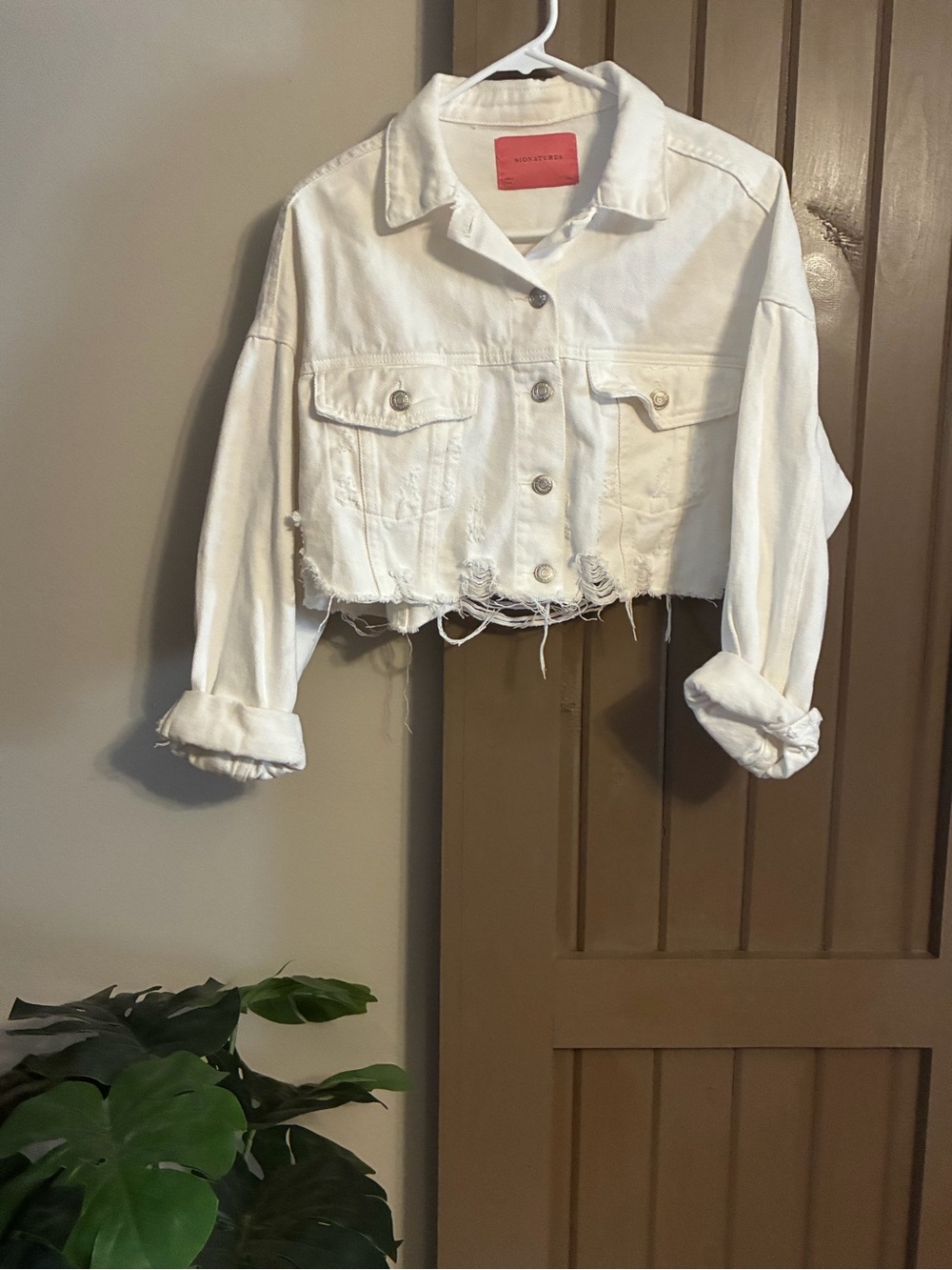 SIGNATURE8 Cropped White Distressed Denim Jacket - Women
